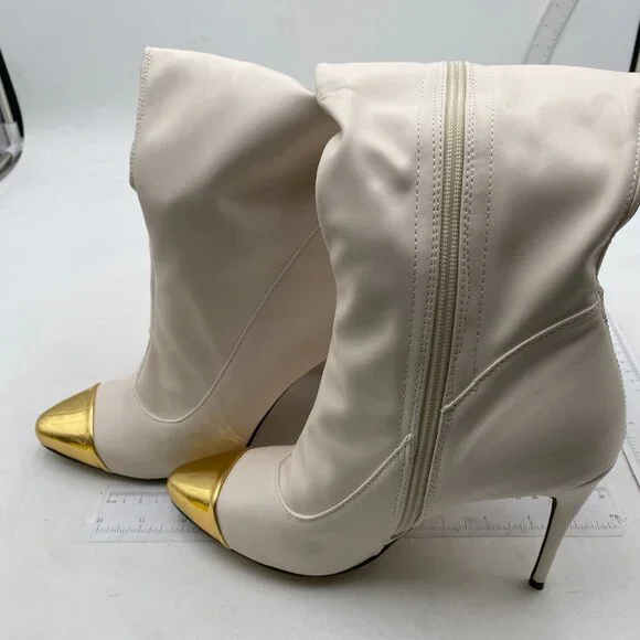 YDN Women Metal Cap Toe Boots Stiletto High Heel Knee High Riding Boots White